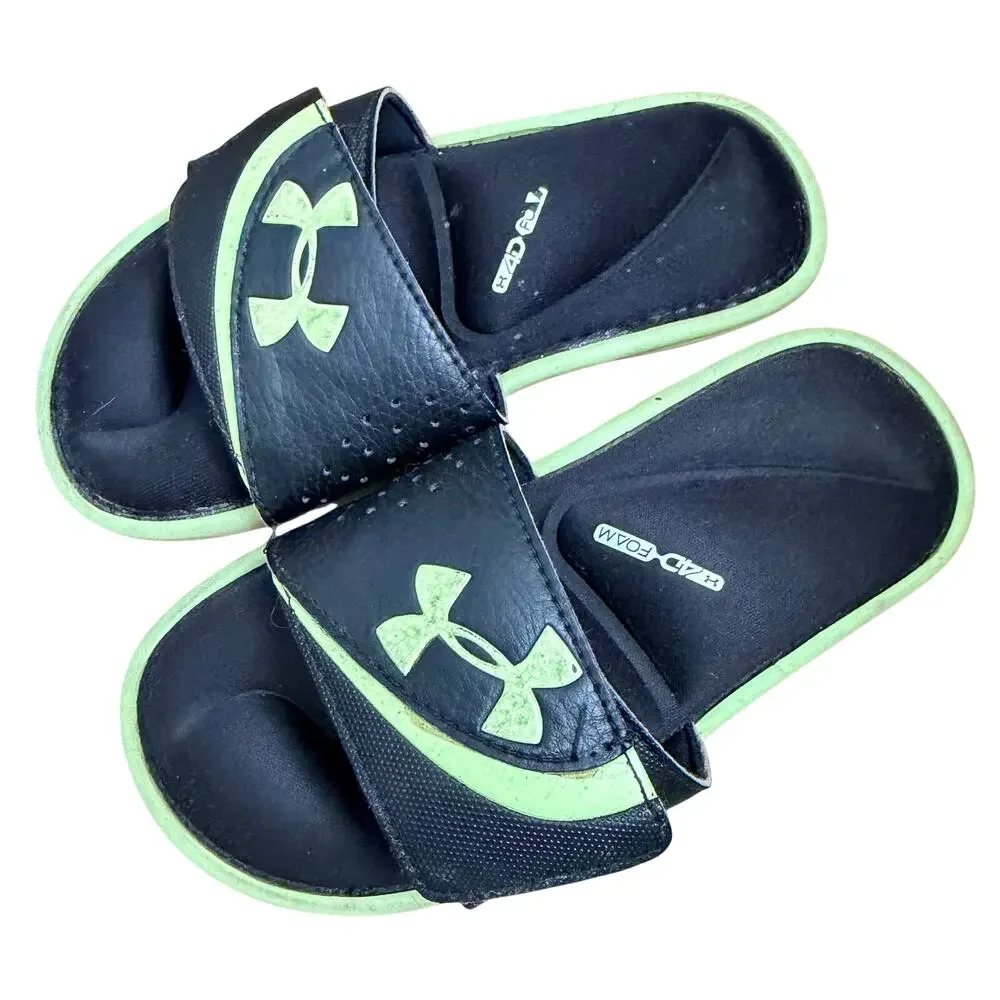 Under Armour Boys Slides Sandals 4D Foam Footbed Neon Green Black Size 1 Youth